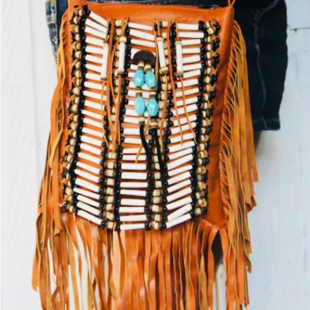 Tan and Bone Crossbody Bag with Beaded Design